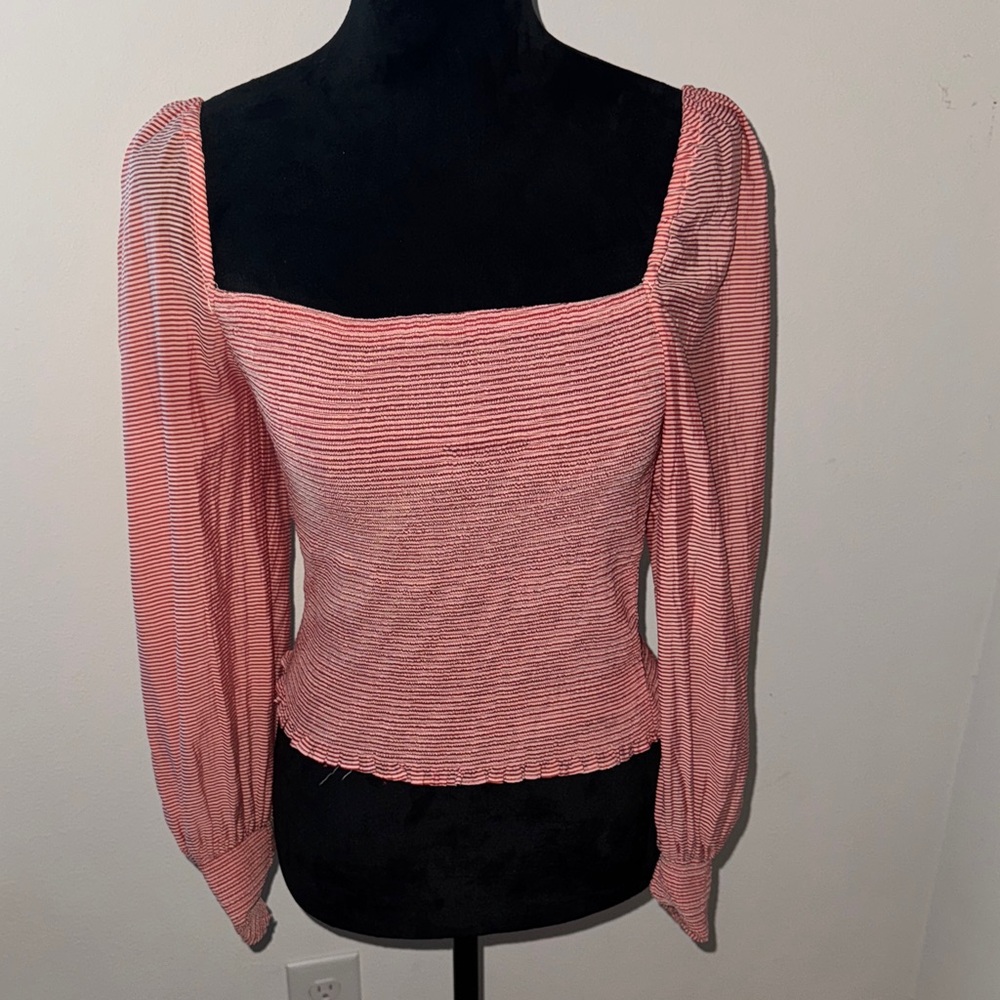 Gianni Bini red white pen point stripes smocked bodice Long Sleeve Women's Top L